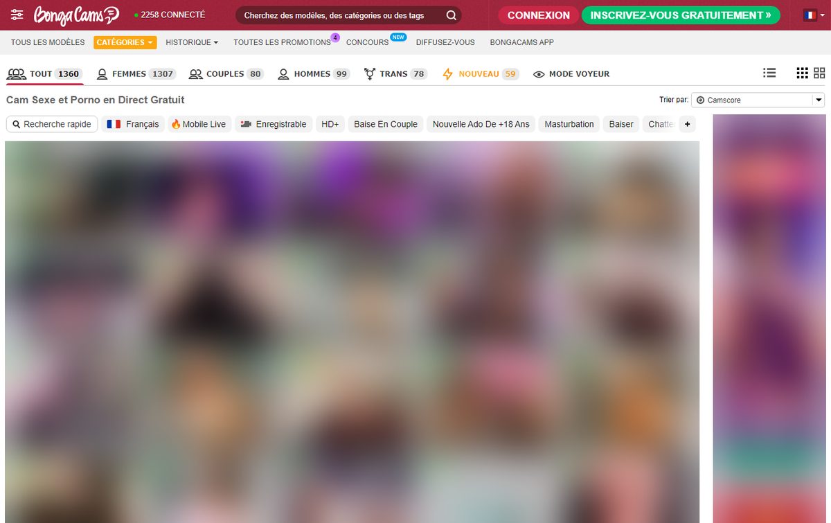 Page d'accueil de BongaCams en français avec les compteurs de modèles en ligne et les filtres
