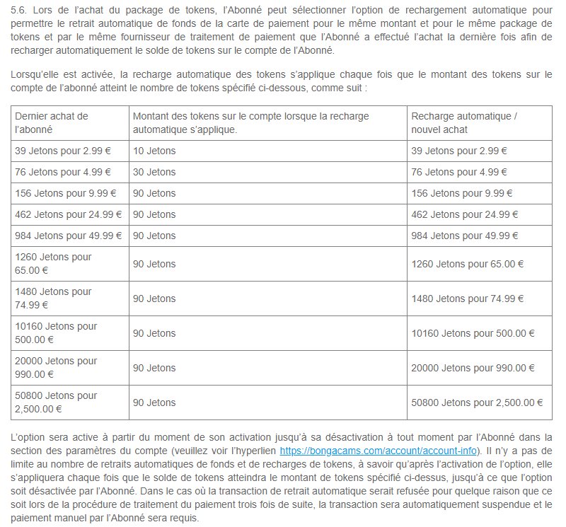 Tableau des packs de jetons BongaCams en euros dans les conditions d'utilisation