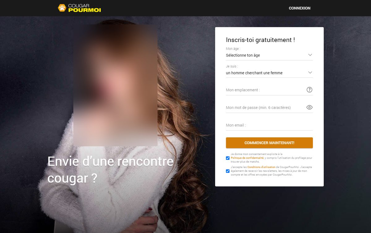 Formulaire d'inscription de Cougarpourmoi avec les deux cases de consentement déjà cochées