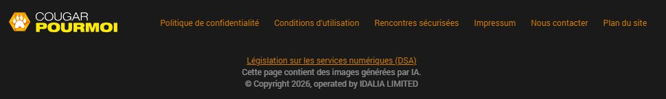 Pied de page de Cougarpourmoi mentionnant des images générées par IA et l'exploitant IDALIA LIMITED