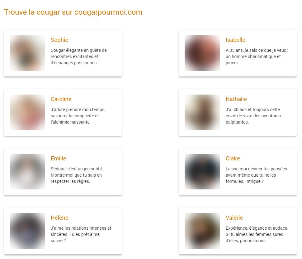 Vitrine de profils de la page d'accueil de Cougarpourmoi