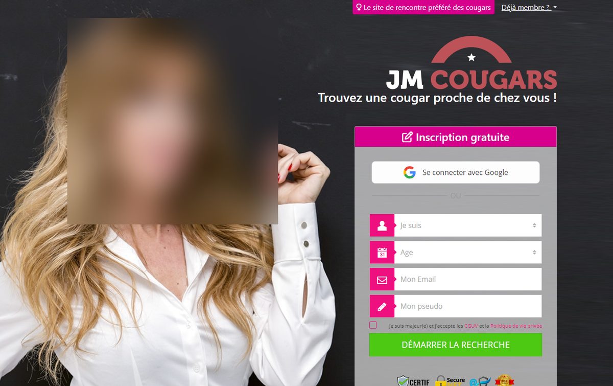 Page d'accueil de JM Cougars avec le formulaire d'inscription gratuite