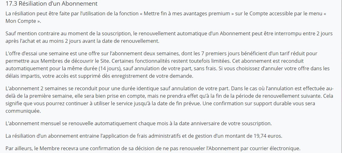 Article 17.3 des conditions générales de JM Cougars sur la résiliation et les frais de 19,74 euros