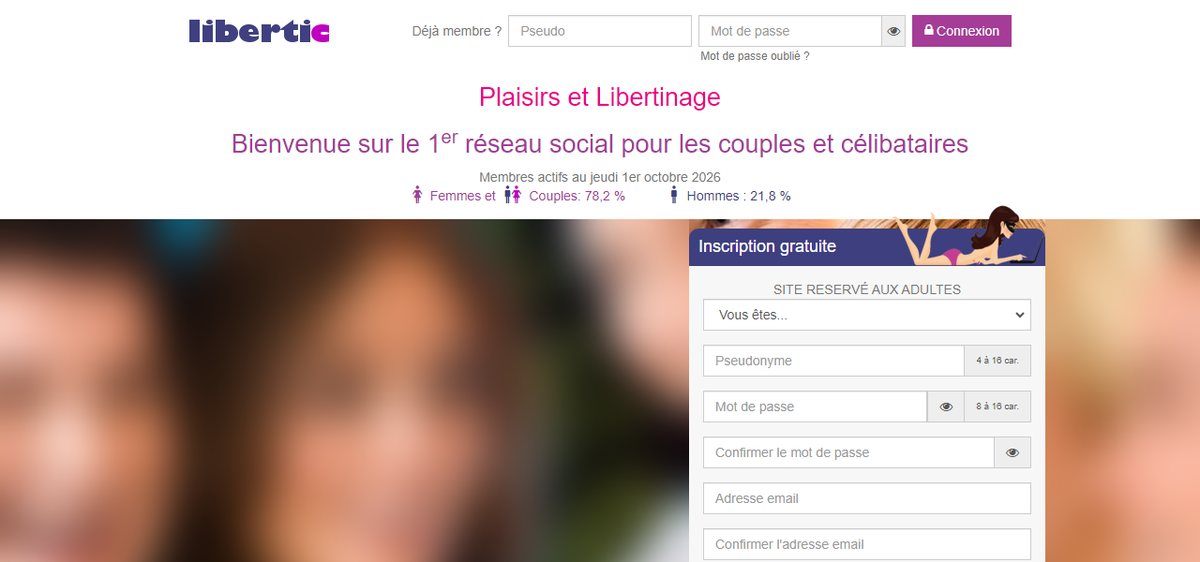 Page d'accueil de Libertic avec le formulaire d'inscription gratuite et la répartition affichée des membres actifs