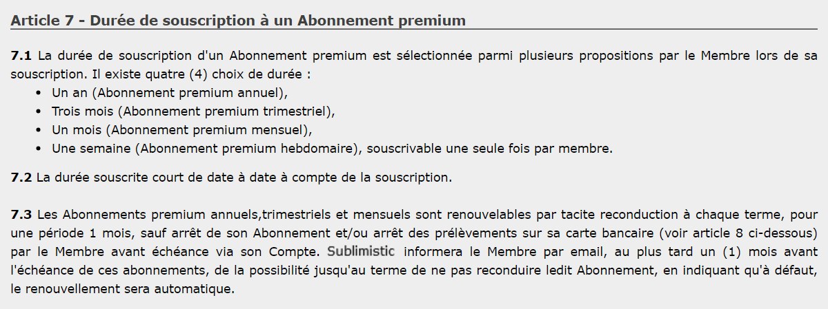 Article 7 des conditions générales de services de Libertic sur la durée et la reconduction de l'abonnement premium