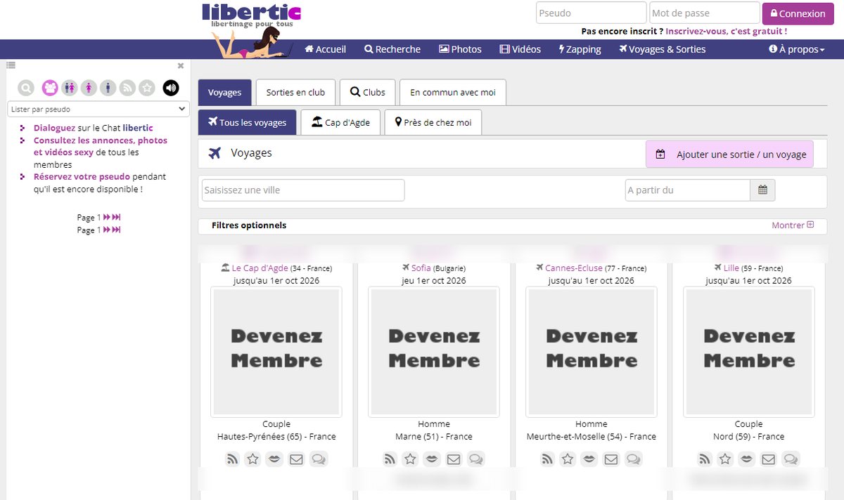 Rubrique Voyages et Sorties de Libertic, consultable sans compte