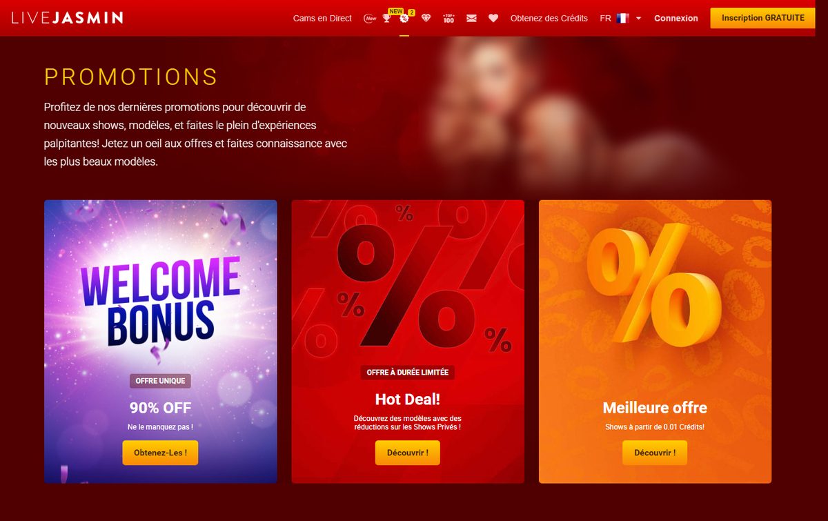 Page Promotions de LiveJasmin avec le bonus de bienvenue à 90 % et les offres Hot Deal
