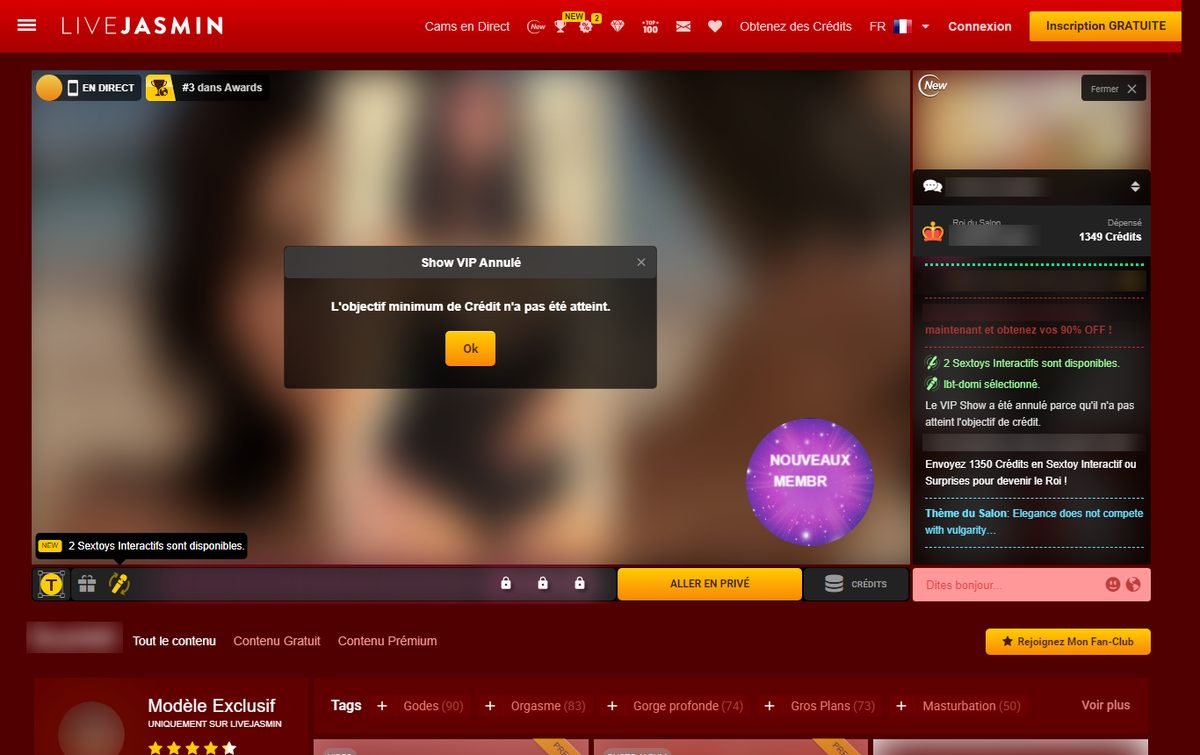 Message Show VIP annulé sur LiveJasmin car l'objectif minimum de crédits n'a pas été atteint