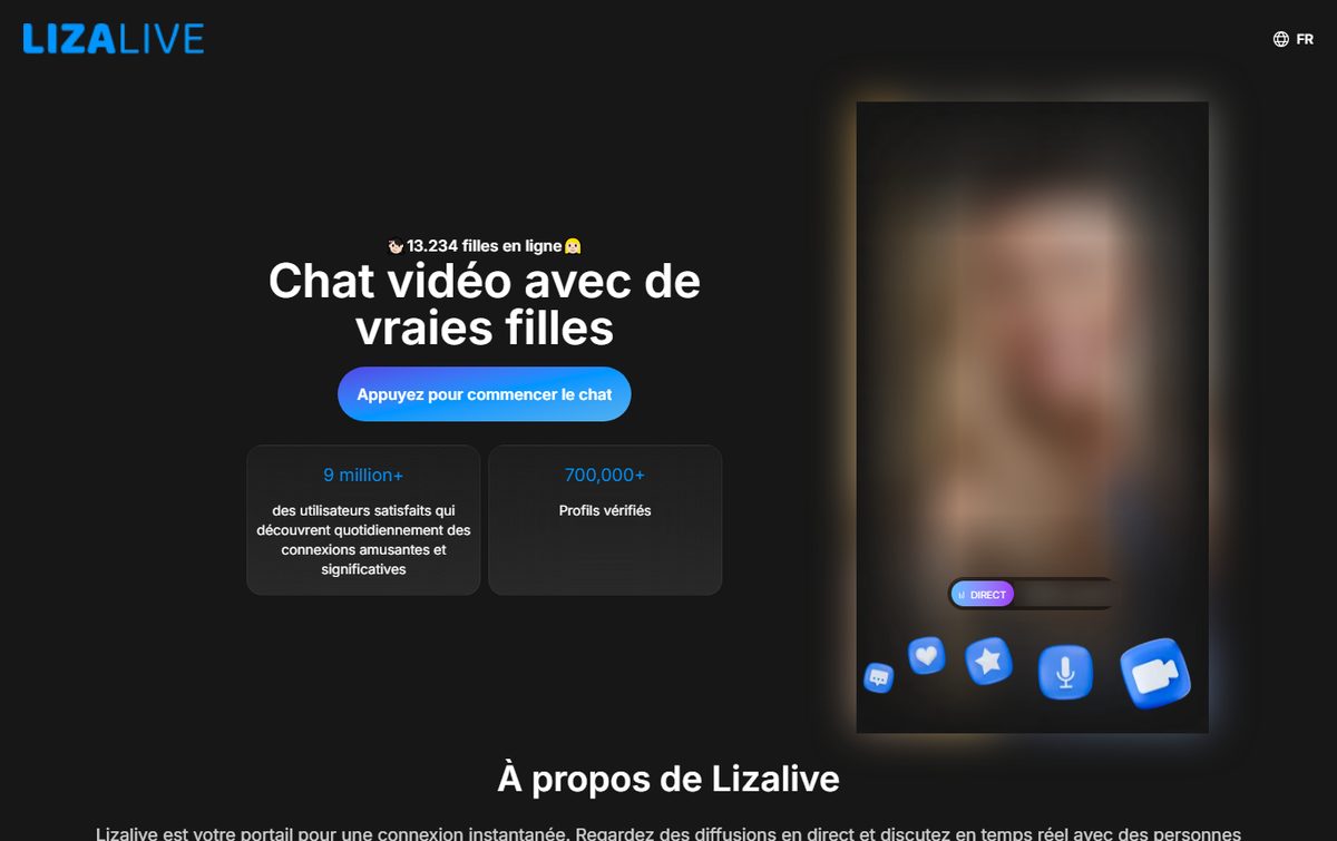 Page d'accueil de LizaLive en français avec le compteur « 13 234 filles en ligne »