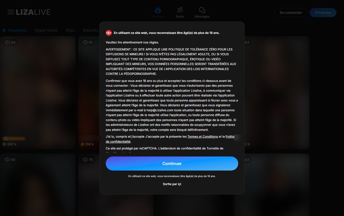 Avertissement 18+ de LizaLive avant l'accès aux lives