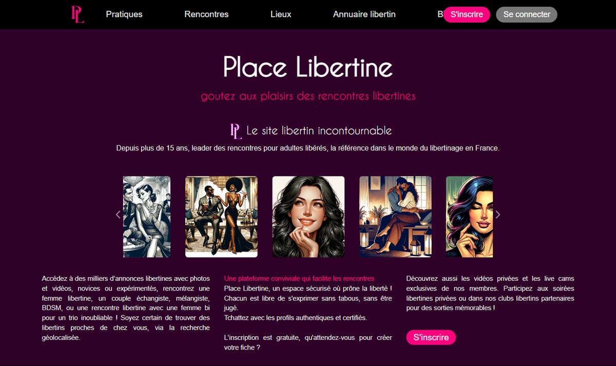 Page d'accueil de Place Libertine avec le slogan du site libertin et le bouton d'inscription gratuite