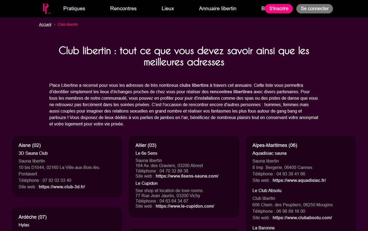 Annuaire libertin de Place Libertine classé par département avec clubs et saunas