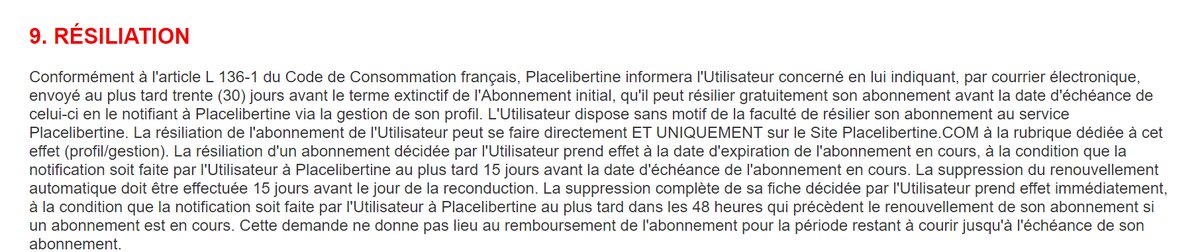 Article 9 des conditions générales de Place Libertine sur la résiliation 15 jours avant l'échéance