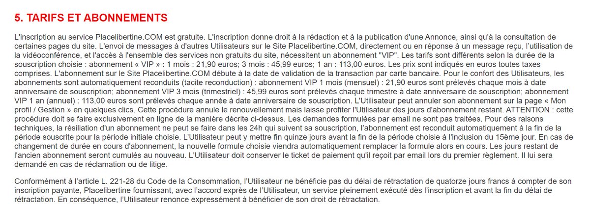 Article 5 des conditions générales de Place Libertine : tarifs de l'abonnement VIP et reconduction tacite