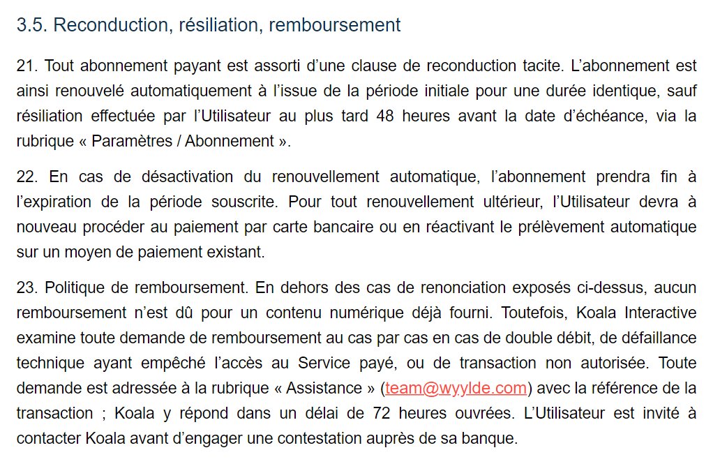 Article 3.5 des conditions générales de Wyylde sur la reconduction tacite, la résiliation 48 heures avant l'échéance et le remboursement