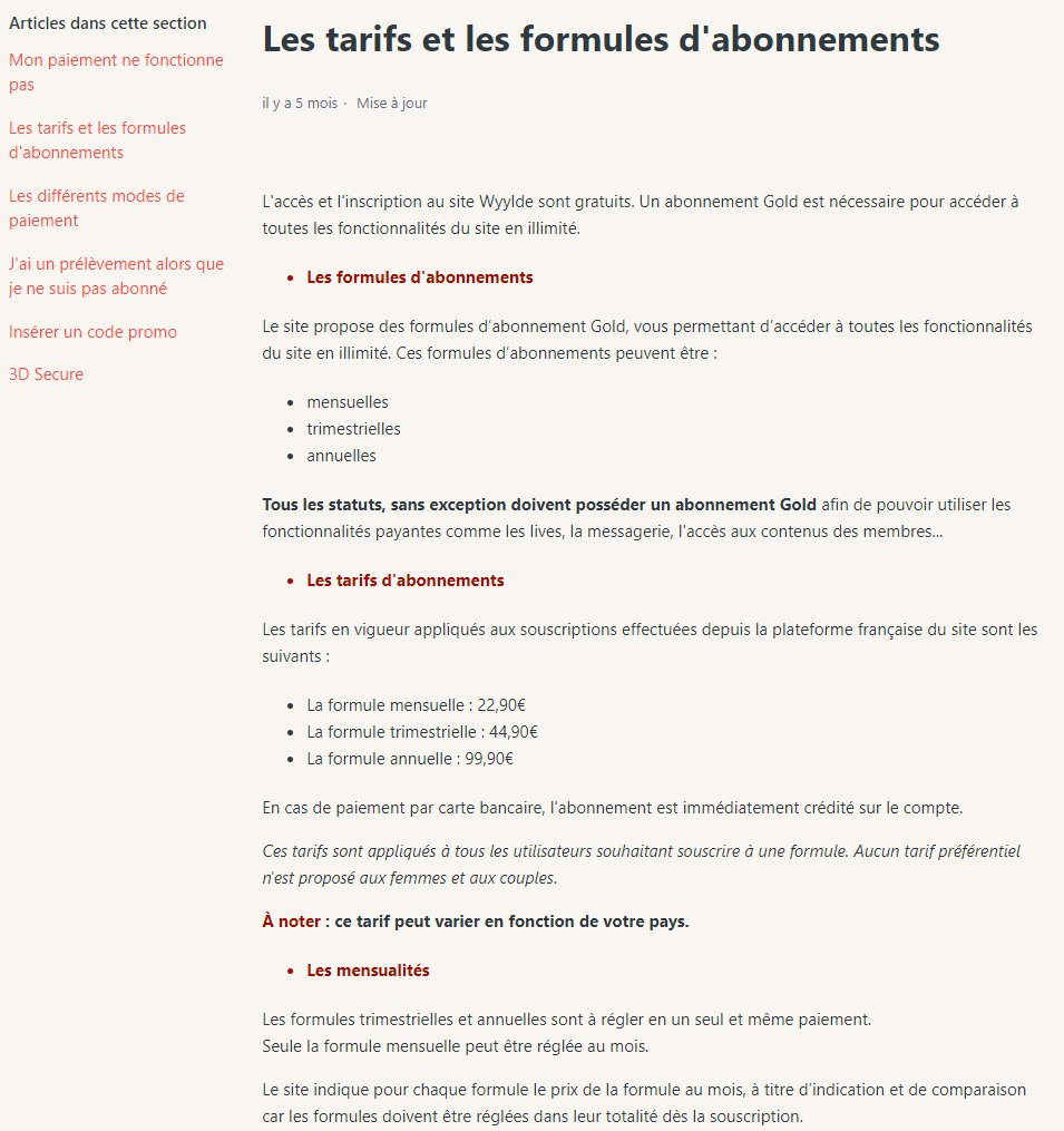 Article du centre d'aide Wyylde listant les tarifs de l'abonnement Gold à 22,90, 44,90 et 99,90 euros
