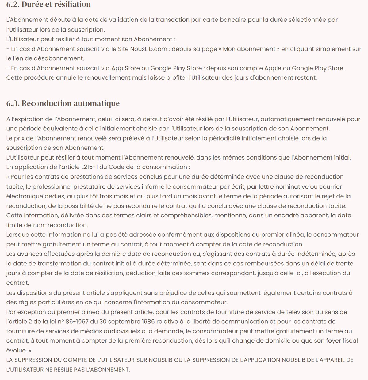 Articles 6.2 et 6.3 des conditions générales de Nouslib sur la résiliation et la reconduction automatique