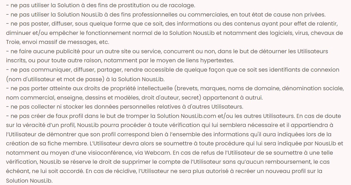 Article 8 des conditions générales de Nouslib interdisant la prostitution et les faux profils, avec vérification par webcam